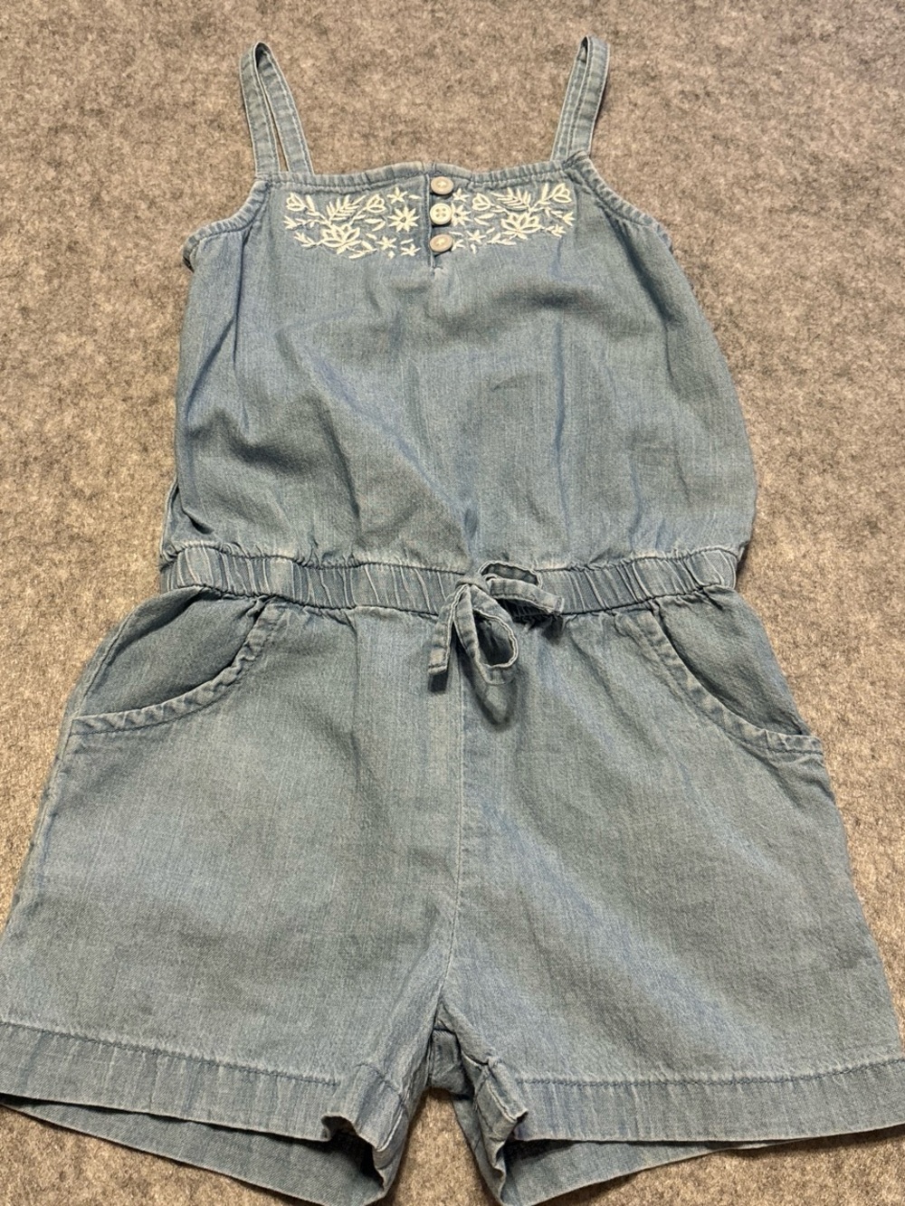 Carter's Light Blue Denim Girls' One-Piece Romper with Cream Embroidery